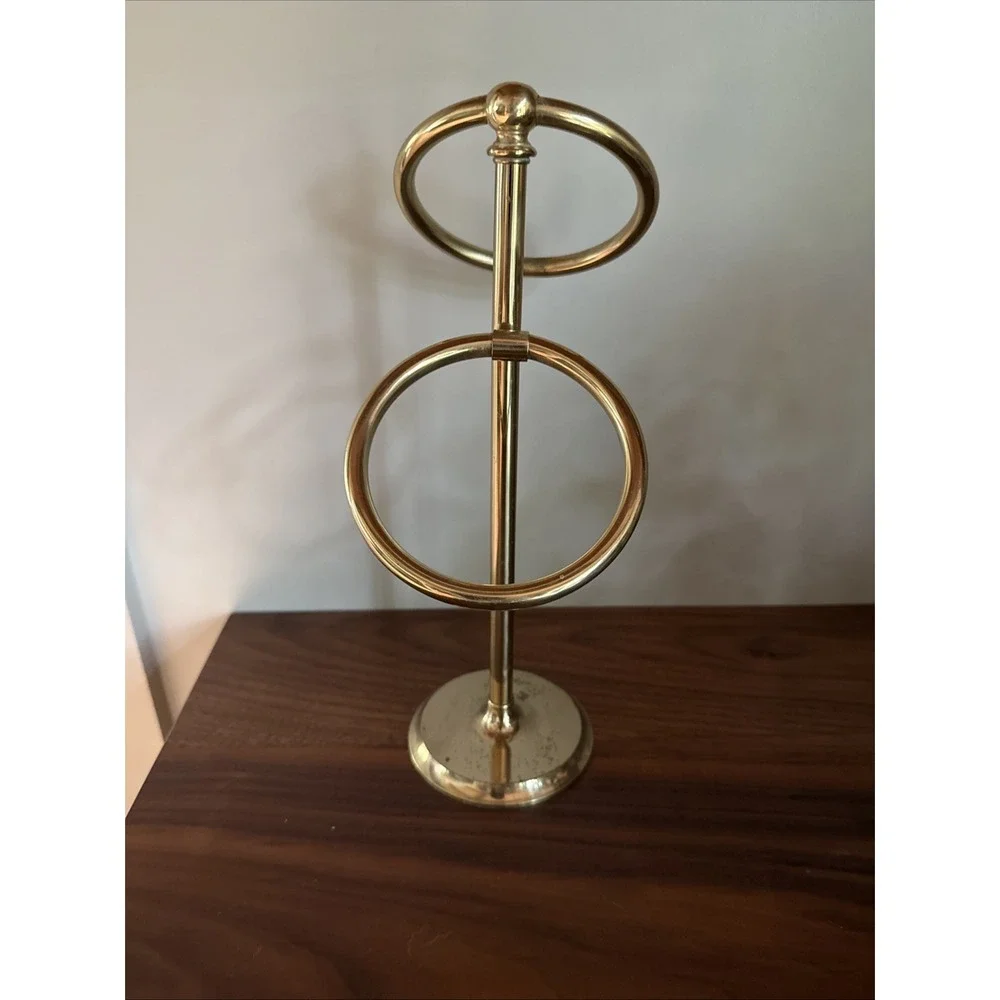 VTG Brass Double Towel Ring Stand Freestanding Vanity Bath  Aged Patina 12